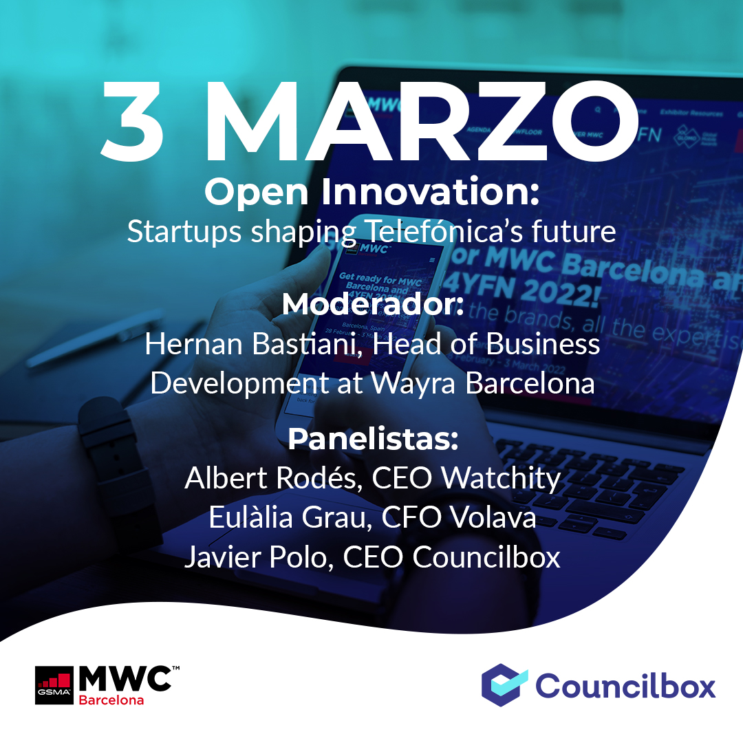 Mañana Javier Polo, CEO de Councilbox,  estará de 10:00 a 10:30 ⏰ como panelista en el coloquio "Open Innovation: Startups shaping Telefónica’s future" en el <a href="/MWCHub/">MWC</a> para hablar sobre #InnovaciónAbierta ✅ 

¡No te lo puedes perder! #MWC22