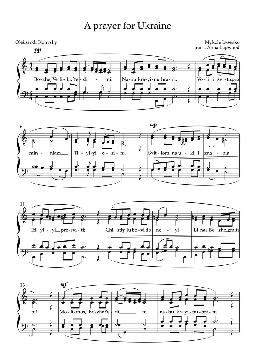annalapwood's tweet photo. If any choirs are looking for a musical way to acknowledge the atrocities in Ukraine then please feel free to use this. I transcribed it phonetically from YouTube for @pembrokechoir, but a couple of people have asked for a score so I’m sharing it here in case it’s useful. https://t.co/PH2UYBqpmQ