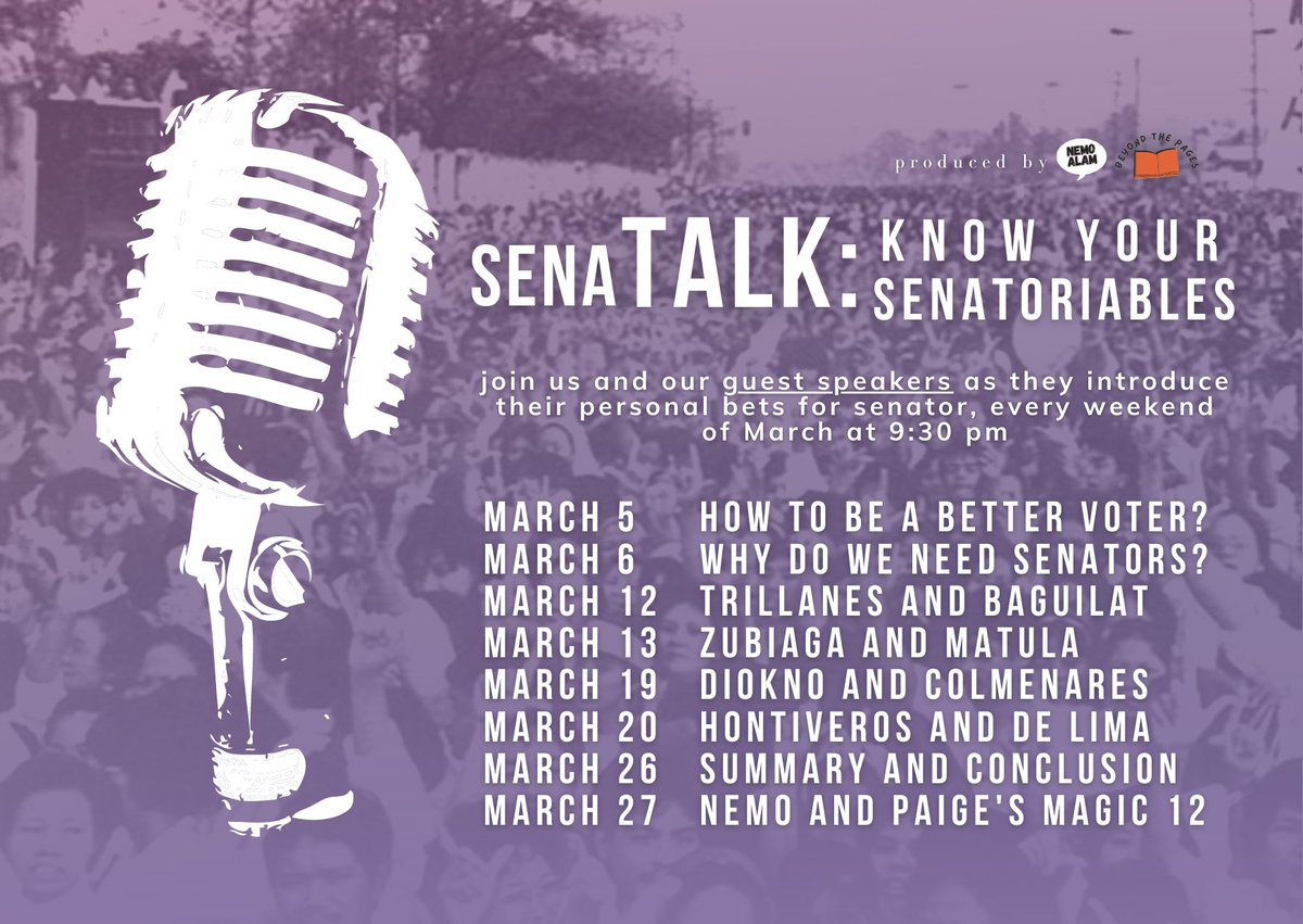 ⠀
🔔 MARK YOUR CALENDARS!

Makipag-kwentuhan na every weekend of March sa "senaTALK: Know Your Senatoriables" para sa mas matalinong pag-boto! Join us and our guest speakers from 9:30 PM onwards.
⠀