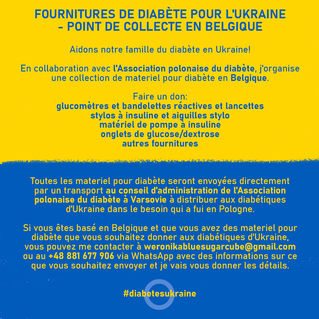 Blue_Sugar_Cube's tweet photo. DIABETES SUPPLIES FOR UKRAINE 🇺🇦 - COLLECTION POINT IN BELGIUM 🇧🇪 with support from @PSDiabetykow 💙

Information in English 👇
Informations en Français 👇
Informatie in het Nederlands 👇
Informacja po Polsku 👇

#diabetesukraine #DOC #PWD #diabetes #solidaritywithUkraine https://t.co/omIHYD1Jyn