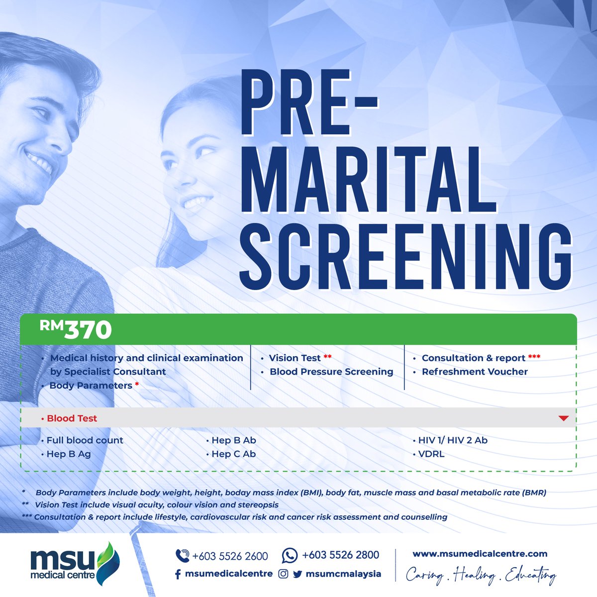 At #MSUMC, we offer comprehensive pre-marital screening packages that serve as an important checklist before your big day.
For more info on our packages and services, kindly contact us at 03-55262600.
#CaringHealingEducating
#PreMaritalScreening