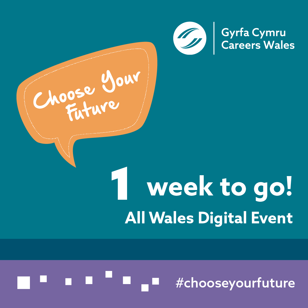 CareersWales's tweet photo. ONE WEEK TO GO!

We’re looking forward to hearing from a range of employers from across Wales in our digital #ChooseYourFuture careers event for pupils in year 10 and above next week. 🤩

To find out more and to sign up 👉 https://t.co/qhigG2mzeo https://t.co/v6O8cGnKiB