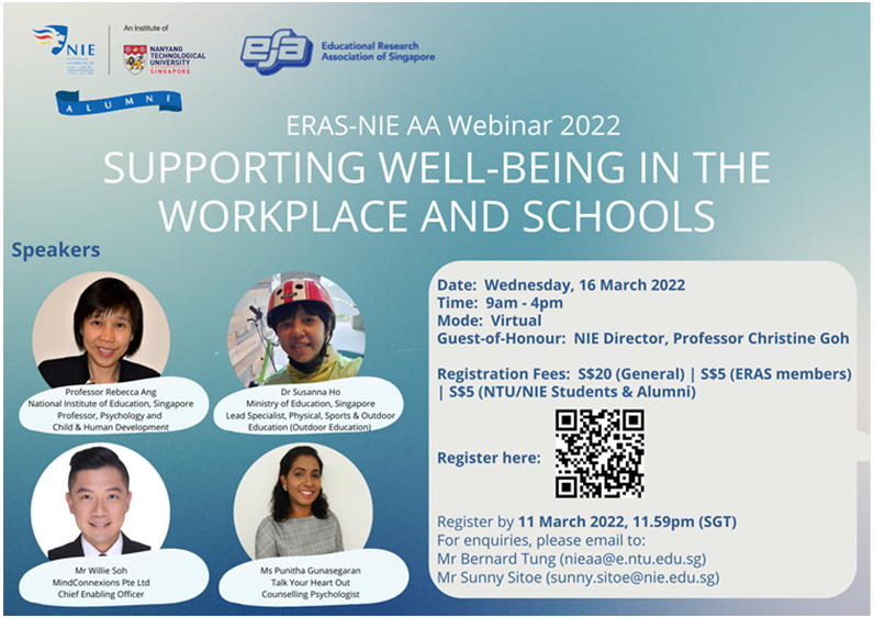 WERA_EdResearch's tweet photo. The Educational Research Association of Singapore (ERAS) and NTU National Institute of Education Alumni Association (NIEAA) is organising a webinar on “Supporting Well-being in the Workplace and in Schools”.

ERAS_NIEAA Webinar - https://t.co/iZSyxYhBVg https://t.co/hm9qfUyd9M