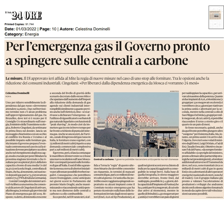 ASSOCARTA's tweet photo. "Per l’#emergenzagas il Governo pronto a spingere sulle centrali a carbone" Le #misure. Il #Dl approvato ieri affida al #Mite la regia di nuove misure nel caso di uno stop alle forniture. #Cingolani: «Per liberarci dalla #dipendenzaenergetica da #Mosca ci vorranno #24mesi» https://t.co/5HHUavhUuV