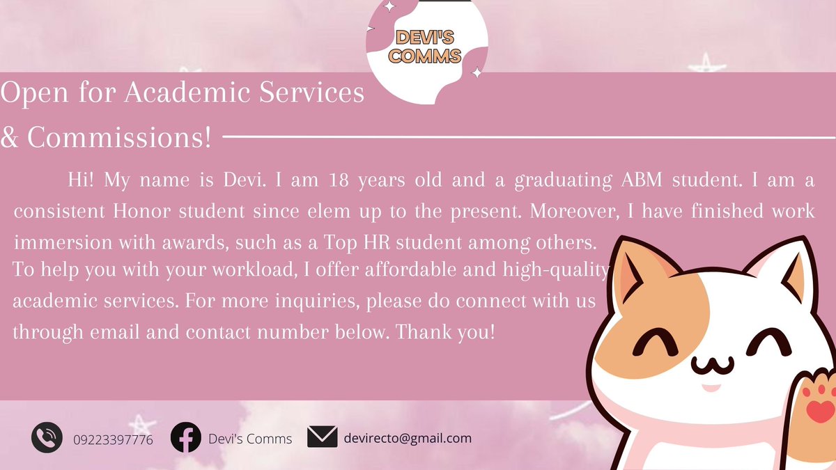 CommissionsMbp's tweet photo. Hello, my name is Devi! I'm your local academic helper who provides quality and low-cost academic services. Academic commissions are welcome (3 slots only). Please see the images below for further information so that we may begin our transaction.

#academiccommissions https://t.co/Xdl1lb0c1d