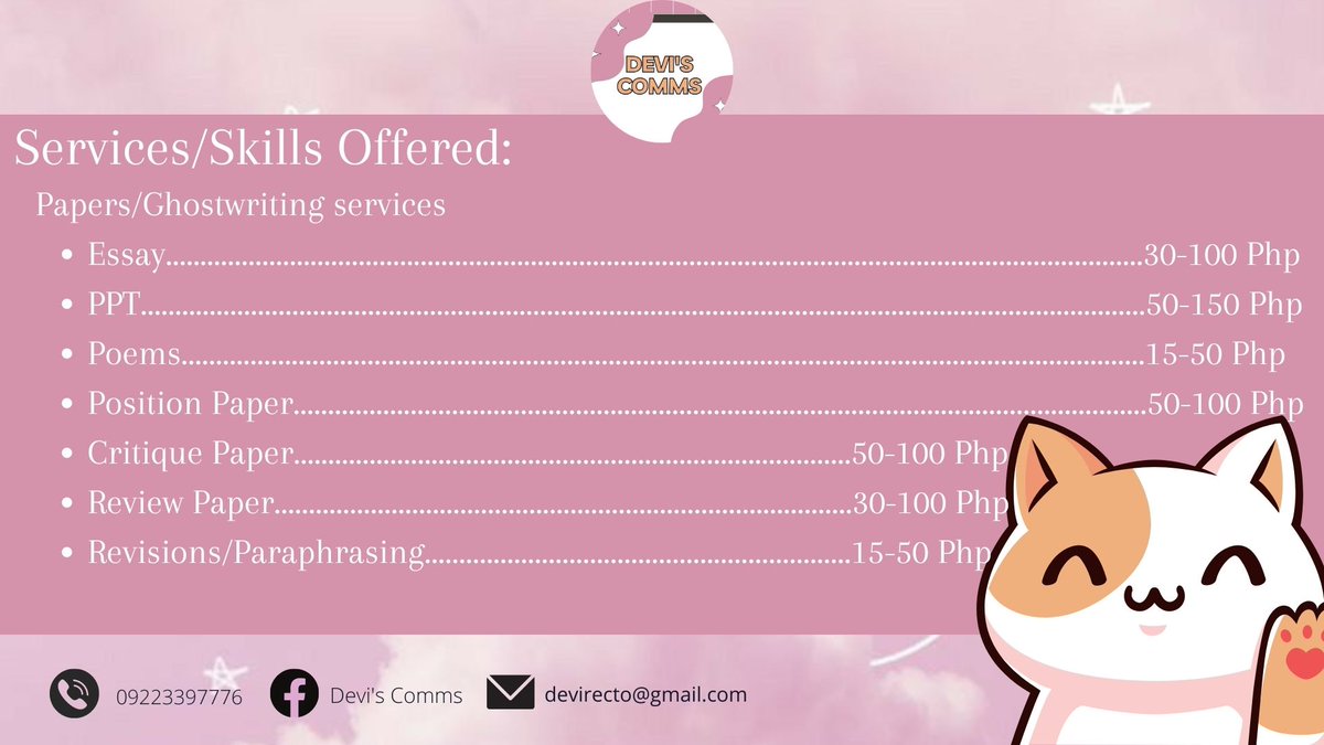 CommissionsMbp's tweet photo. Hello, my name is Devi! I'm your local academic helper who provides quality and low-cost academic services. Academic commissions are welcome (3 slots only). Please see the images below for further information so that we may begin our transaction.

#academiccommissions https://t.co/Xdl1lb0c1d
