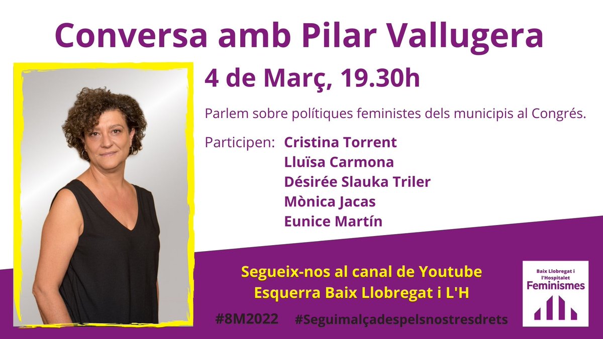 DonesErcBaix's tweet photo. 📆Aquest divendres, no et perdis la conversa sobre polítiques feministes que regidores de @ERC_BaixLlobreg  mantindran amb la diputada al congrés @PilarVallugera 👇👜
#8M2022 #Seguimalçadespelsnostresdrets https://t.co/6HmVk4MzCh