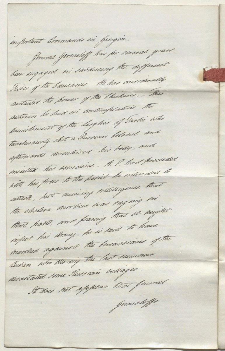 A copy of a letter from Henry Willock, HM Chargé d’Affaires in Persia [Iran], to George Canning, Secretary of State for Foreign Affairs, sent from Tabriz and dated 24 November 1823.