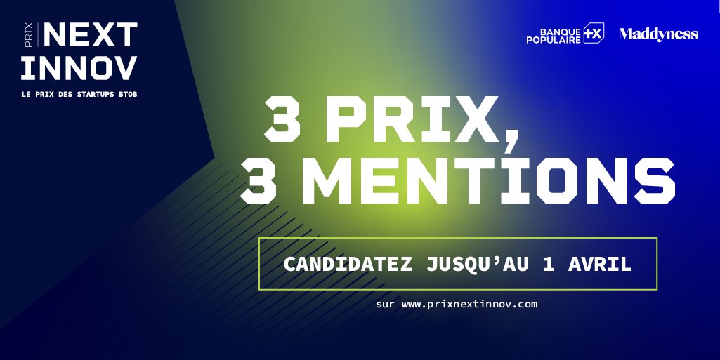 #NextInnov 🚀💥
C'est le JOUR-J pour s'inscrire à la 5ème édition du prix Next Innov !

Vous êtes une startup B2B ? Vos idées sur le marché sont innovantes ? ⭐
Participez au concours Next Innov 👉 prixnextinnov.com

 #startup #innovation #fintech #concours