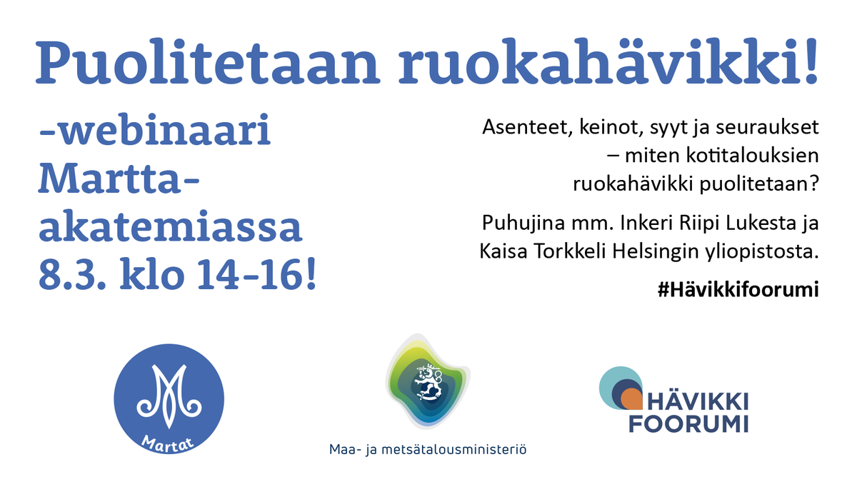 MARTTOJEN KIINNOSTAVAT WEBINAARIT 8.3.
KLO 10–11.30 Aidosti vihreää vai viherpesua: bit.ly/vihreaa-vai-vi…
KLO 14–16 Puolitetaan ruokahävikki: bit.ly/puolitetaan-ha…

Tilaisuudet ovat kaikille avoimia. Lämpimästi tervetuloa mukaan!

#Martat #KestäväArki #Webinaari