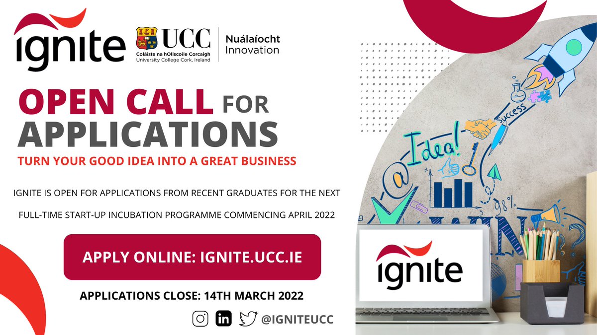 Our friends @IGNITEUCC are looking for start-up founders to join the next programme, commencing April 2022 - Open to recent graduates who have the passion & ambition to work on a scalable start-up idea More Info: ucc.ie/en/ignite/regi… Applications close 14th March 2022