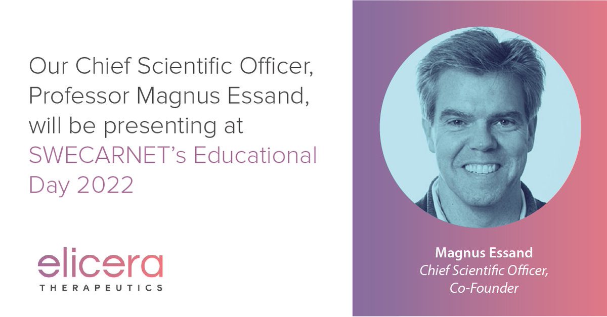 Are you interested in the clinical use of #CARTcells and learning more about the future potential of research?

@SWECARNET, will hold an Educational Day on April 27th, 2022, where our CSO, Professor Magnus Essand, will present.
 news.cision.com/elicera-therap…