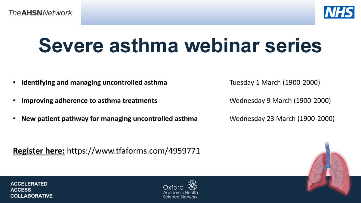 Health Innovation Oxford & Thames Valley (@healthinnovox) on Twitter photo TONIGHT! More than 1,000 people have signed up to the first of three webinars we're hosting with <a href="/AACinnovation/">Accelerated Access Collaborative</a> and @AHSNNetwork on identifying, managing, treating uncontrolled and severe #asthma.
➡️Register: tfaforms.com/4959771
➡️More details: oxfordahsn.org/our-work/asthm… TONIGHT! More than 1,000 people have signed up to the first of three webinars we're hosting with <a href="/AACinnovation/">Accelerated Access Collaborative</a> and @AHSNNetwork on identifying, managing, treating uncontrolled and severe #asthma.
➡️Register: tfaforms.com/4959771
➡️More details: oxfordahsn.org/our-work/asthm…