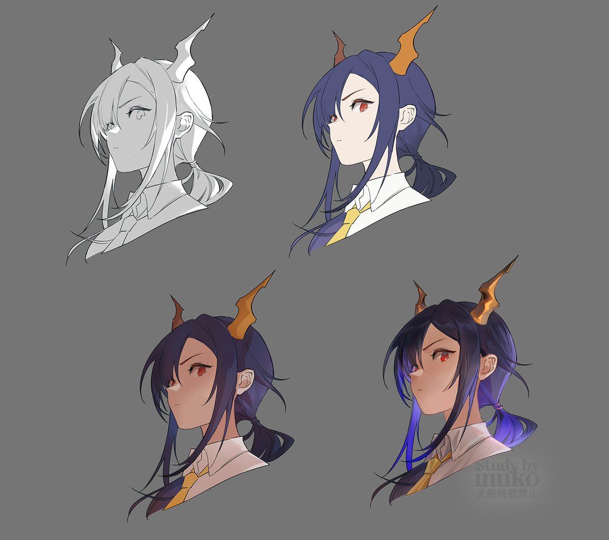 ch'en (arknights) 1girl horns necktie dragon horns red eyes blue hair grey background  illustration images