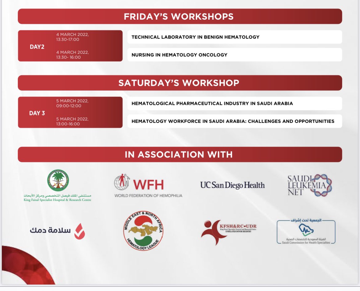 SaudiBlood1's tweet photo. The largest Hematology congress in the region is coming soon, 3-9 March 2022.
Don’t miss out The Annual Saudi Hematology Congress (ASHC) 2022
New: 4 ASHC Workshops
📩 Communications: Ssbd@scfhs.org
📝 Free Registration: https://t.co/F8tv1YRHH4
#ASHC22 #SSBD #hematology https://t.co/IVYQsGulhX