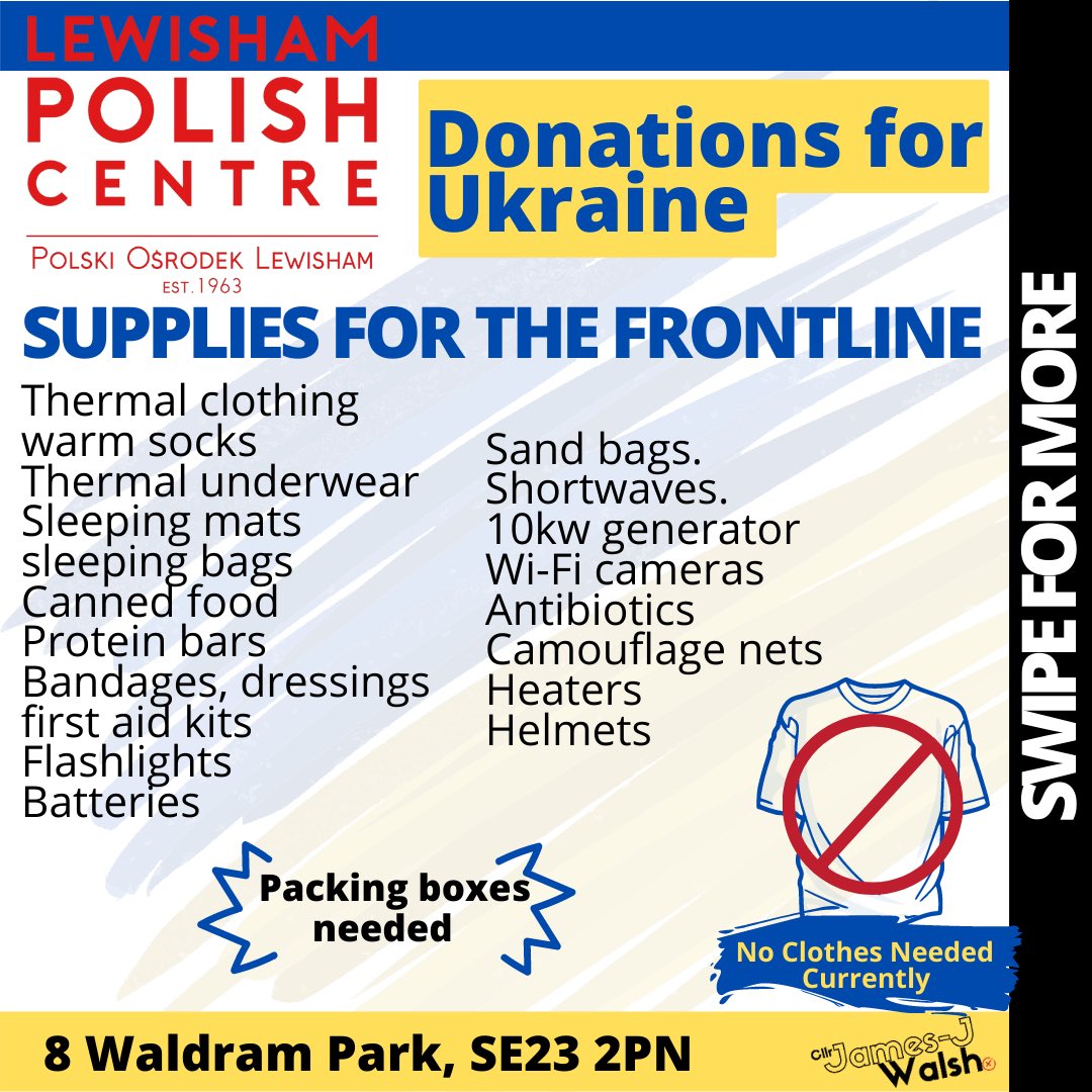 JamesJWalsh's tweet image. SUPPORT UKRAINIAN 🇺🇦 REFUGEES FROM LEWISHAM - Update 3
Lewisham’s Polish Centre are asking for your help to find specific supplies:
🇺🇦Medical
🇺🇦Civilian
🇺🇦Frontline
Full list from them below 👇🏼
#Ukraine #humanitarianaid #lewisham #se23