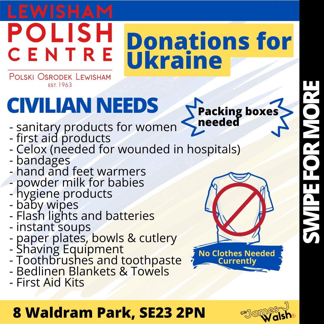 JamesJWalsh's tweet image. SUPPORT UKRAINIAN 🇺🇦 REFUGEES FROM LEWISHAM - Update 3
Lewisham’s Polish Centre are asking for your help to find specific supplies:
🇺🇦Medical
🇺🇦Civilian
🇺🇦Frontline
Full list from them below 👇🏼
#Ukraine #humanitarianaid #lewisham #se23