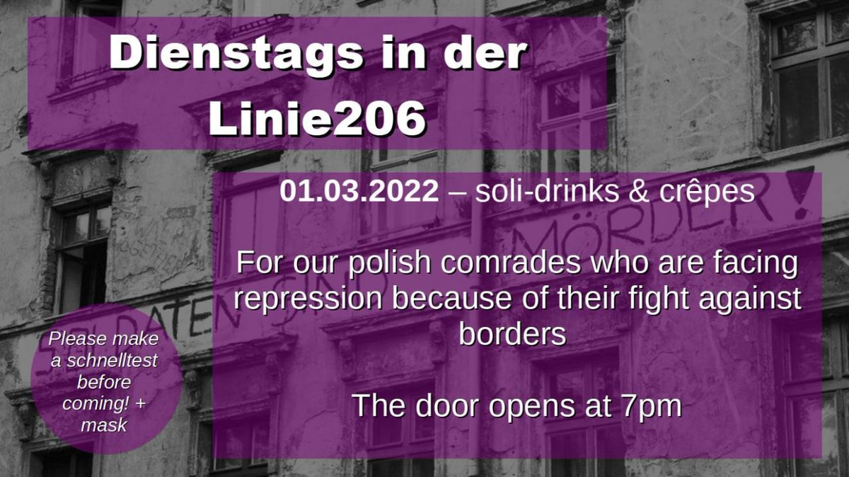 linie206's tweet photo. Heute gibt's bei uns Tresen und Crêpes, es werden Gelder gesammelt für polnische Aktivist*innen für ihren Kampf gegen Grenzen! #noborders #linie206 https://t.co/I9hC2haVr6