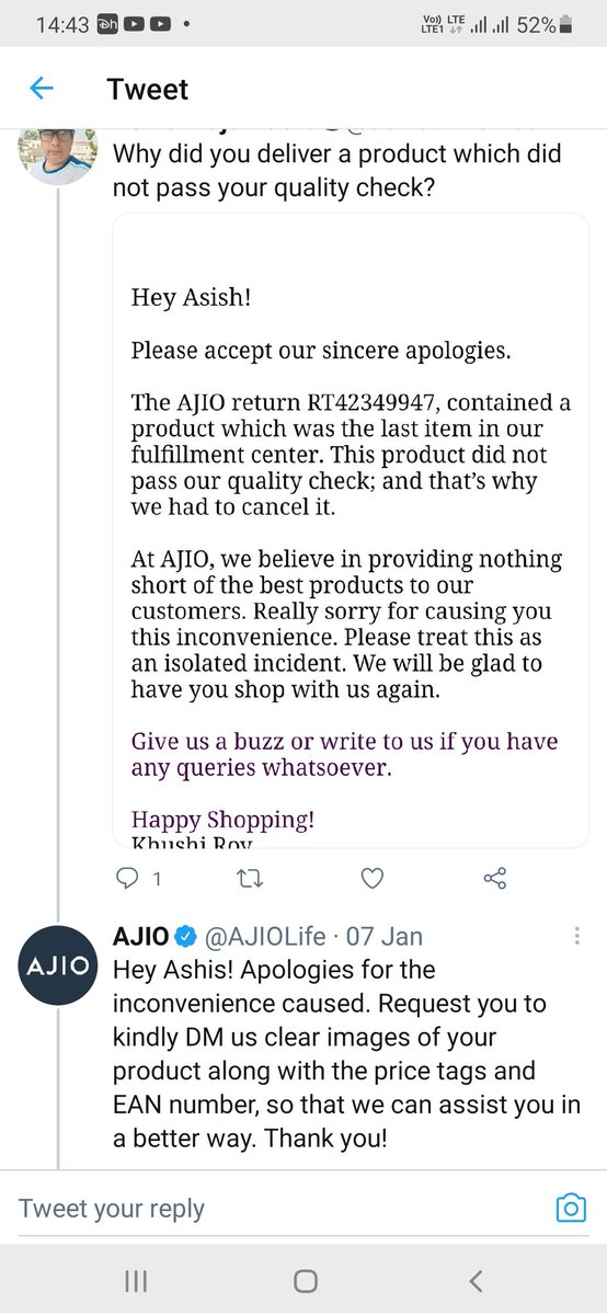 ashis_majumder's tweet photo. @AJIOLife Jan 07, 2022 you wrote same things. Today is Mar 01, 2022 you wrote same things. Since August 2021 i am getting the same response from you, complaints registered will be resolved, have patience. What is this? Do you any morale left? A bunch of #inhumane #fraudaster people you're. https://t.co/qBrUspk812