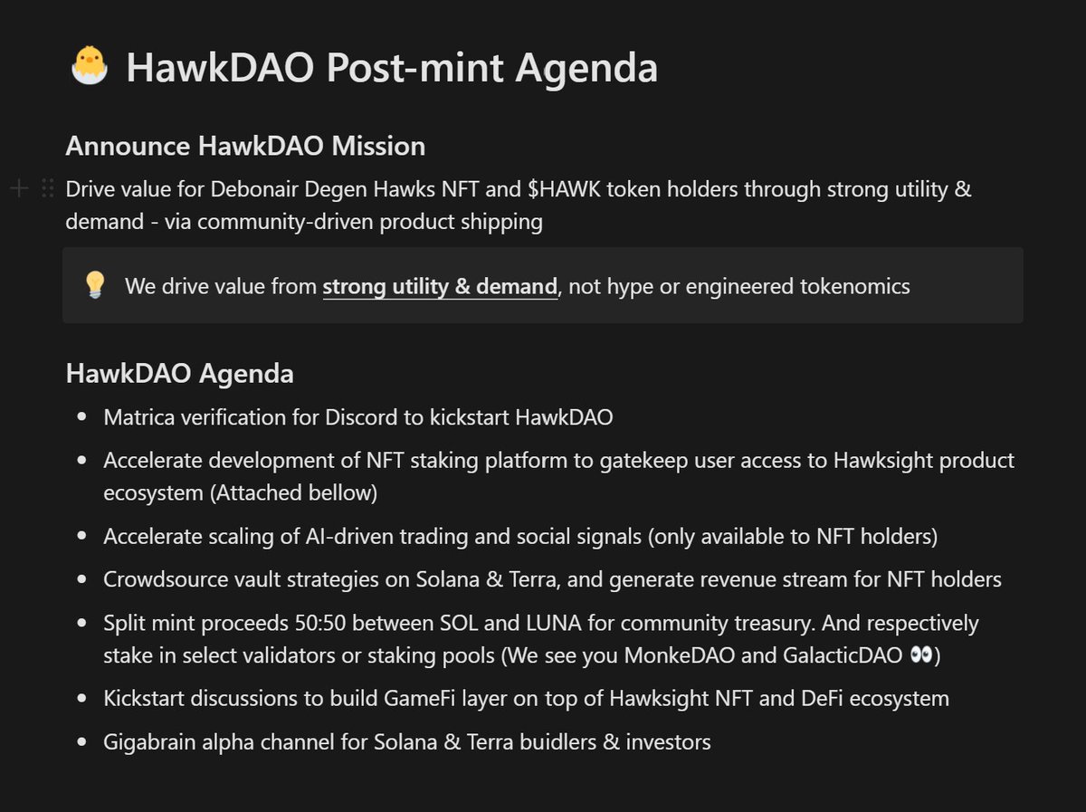 HawkFi_'s tweet photo. HawkDAO will be obsessed with sharp execution, while pooling the vast gigabrains of its members. See you on the other side 👋

🚢Shipooors assemble. Here's our agenda, effective immediately post-mint

👀Wink wink @MonkeDAO @DaoPool @thegalacticdao https://t.co/drqMeyIOxK