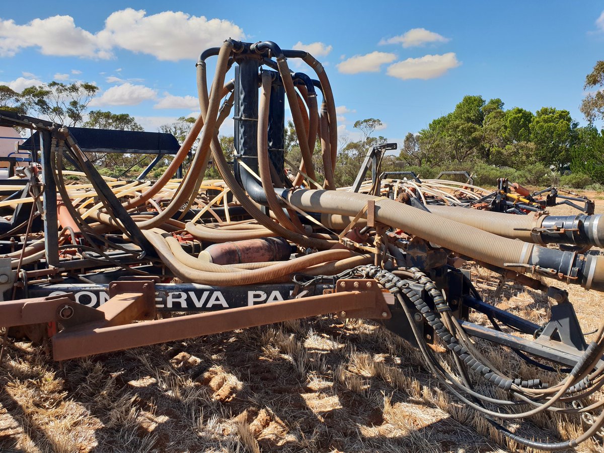 Conserva Pak 5112 for sale due to upgrade, 55ft 12inch spacing hydraulic tyne, dual shoot with Bourgault air kit, single line liquid system, $60,000 plus GST. Located Ouyen Vic 3490