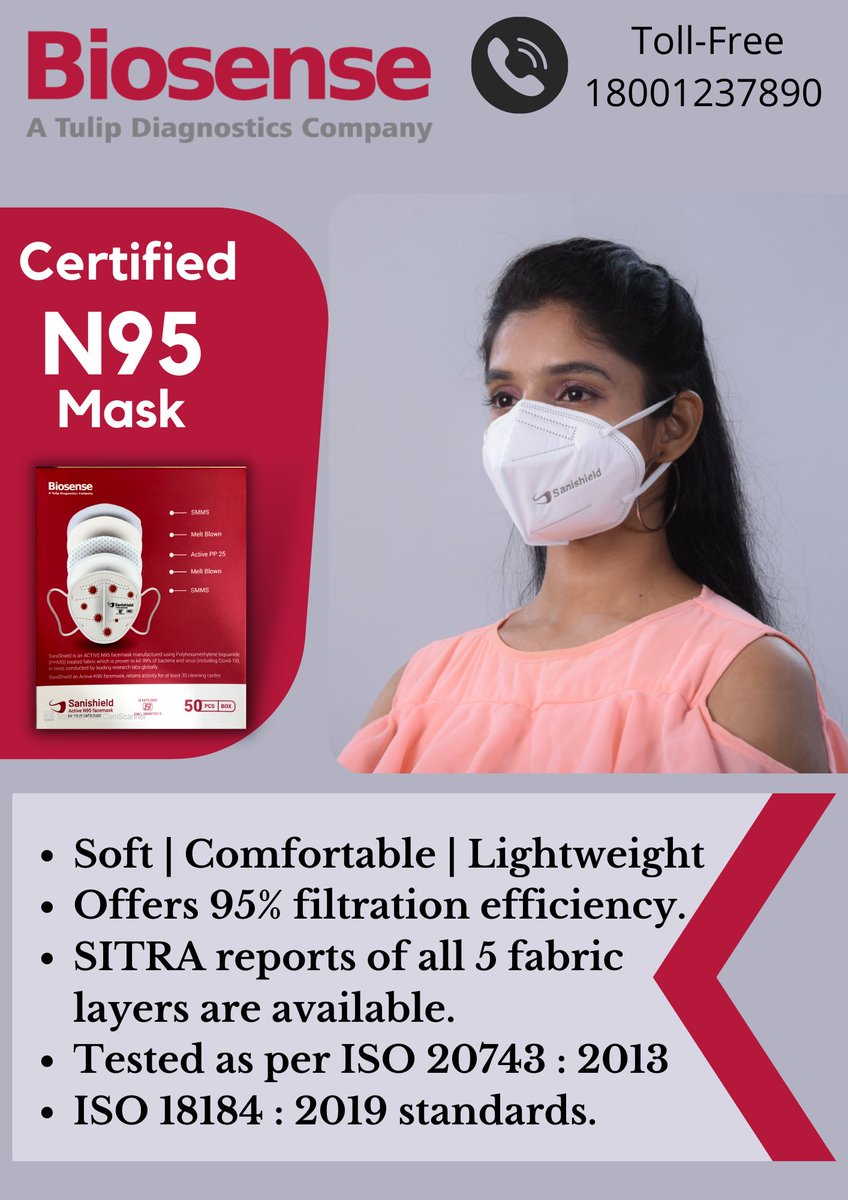 SaniShield, an ACTIVE N95 facemask ISI Certified consists of 5-layers of Filtration, is proven to kill 99.9% of bacteria and viruses it's Skin-friendly &amp; Soft with a comfortable fit.
#biosensetechnologies #sanishield 
Digital card Link:-cardswebsite.com/Biosense-Techn…