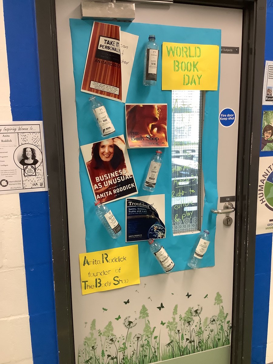 Getting ready for #WorldBookDay with phase one of my door. I worked for #TheBodyShopUK before I became a teacher and the values of Anita Roddick and the company have stuck. Shows how you can help others achieve their human rights by shopping well. #UNCRC