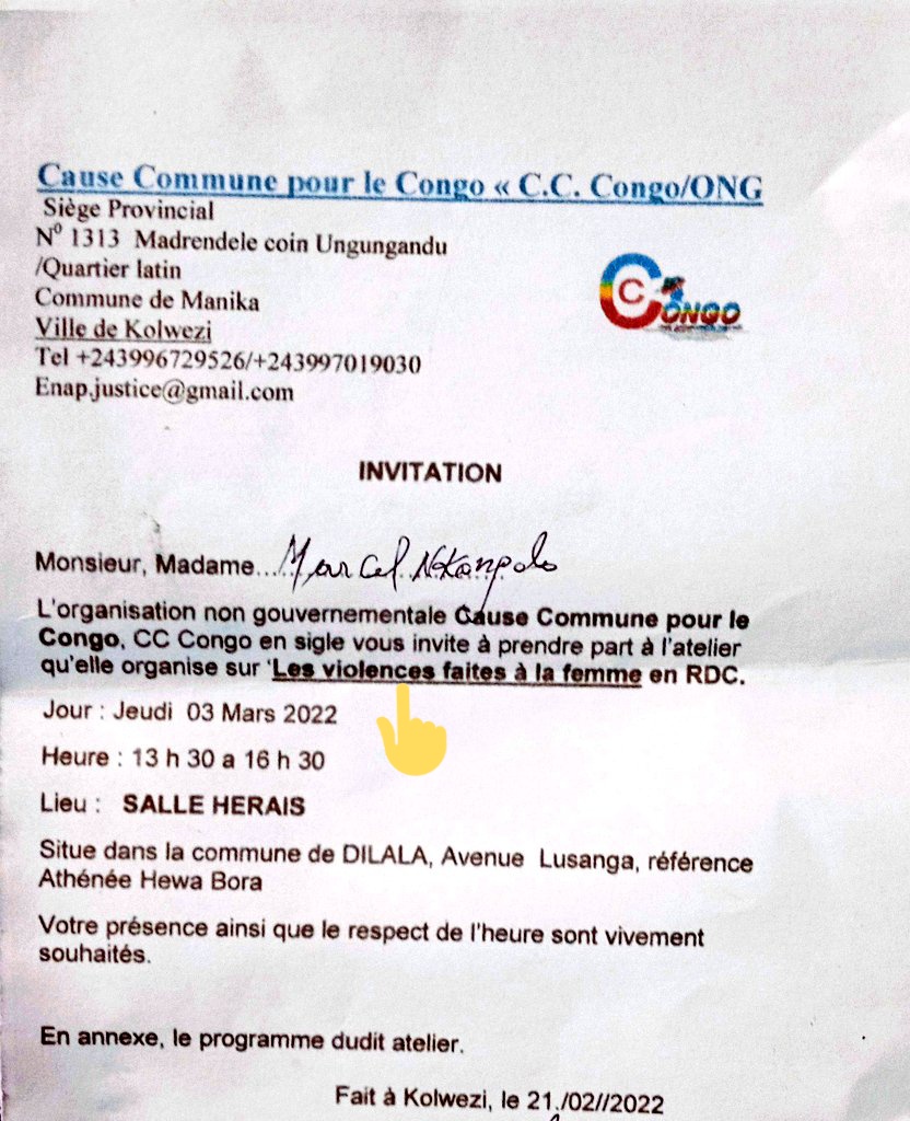 Marcelnkongolo5's tweet photo. @gueda18 @BenNazerSe @KalambMoise5 Par cette occasion je tiens à remercier la #CCcongo/ONG pour cette invitation à un atelier qu'elle organise ce jeudi 03/03 sur "les violences faites à la femme" cas de la RDC
Nous devons dénoncer et hausser le ton pour mettre fin à toutes ces violences ✍️👌 https://t.co/nx9xysBLzg