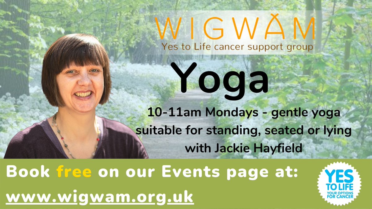 Check out our free online gentle #yoga group Mon 10-11am with Jackie Hayfield wigwam.org.uk/yoga-sessions ‘wonderfully relaxing’ ‘love joining these sessions; they bring me back to myself’ ‘lovely healing space' #Cancer #cancersurvivor #integrativemedicine #Functionalmedicine