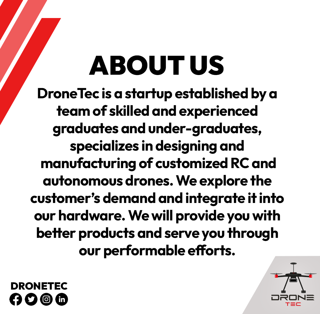 dronetecpk's tweet photo. DroneTec is a startup of skilled and experienced personnel who specialise in the designing, manufacturing and automation of drones .
Our aim is to introduce the latest drone technology in Pakistan and implement it in differenr sectors.
#drones #UAV #maufacturing #automation #vtol https://t.co/TW5pr09bOa