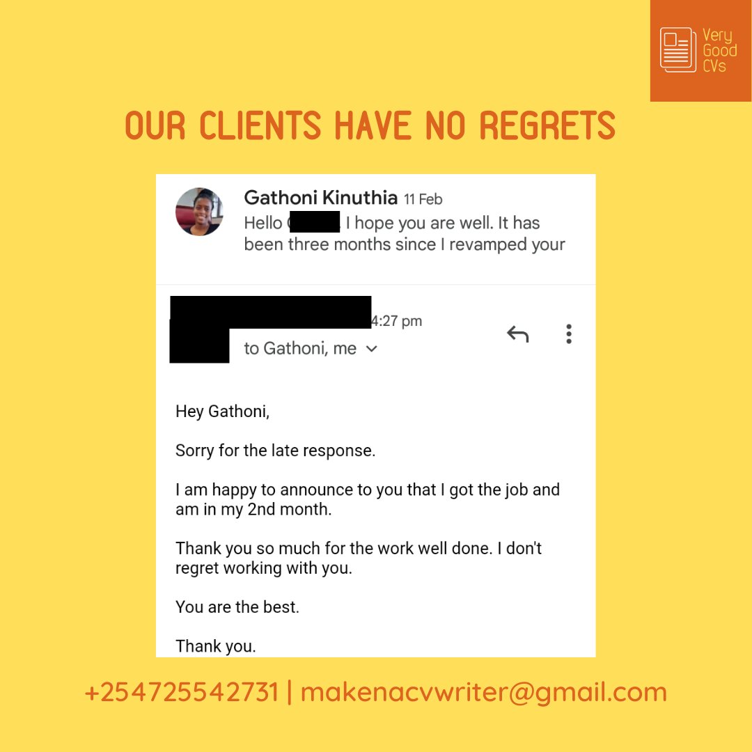 verygoodcvs's tweet photo. Is your CV/Cover letter scoring you interviews or regret after regret?
Well, ours sure are killing it for our clients ππ.
Stop being frustrated, bana. Just contact us for A+ #CVs #Coverletters and #LinkedIn profiles. #jobseekersKE https://t.co/XRfyGy1yuc
