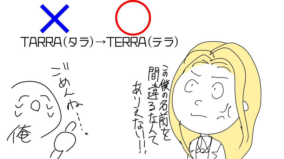 最初、ローマ字の名前表記
TERRA(テラ)じゃなくてTARRA(タラ)
って書いていたのよ…。
急いで直したけどね…。 