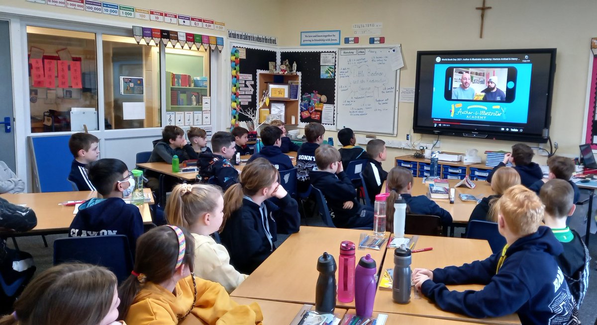 StAugsCPS's tweet photo. Year 6 began their morning by predicting what #littlebadman and the Radioactive Samosa was about. They then listened to the authors talk about their books. @HumzaProduction @MrHenryWhite @WorldBookDayUK @_Reading_Rocks_ @OpenUni_RfP @OurLadyandAllS1 @BCPP__ https://t.co/ImQ3Fz49OI