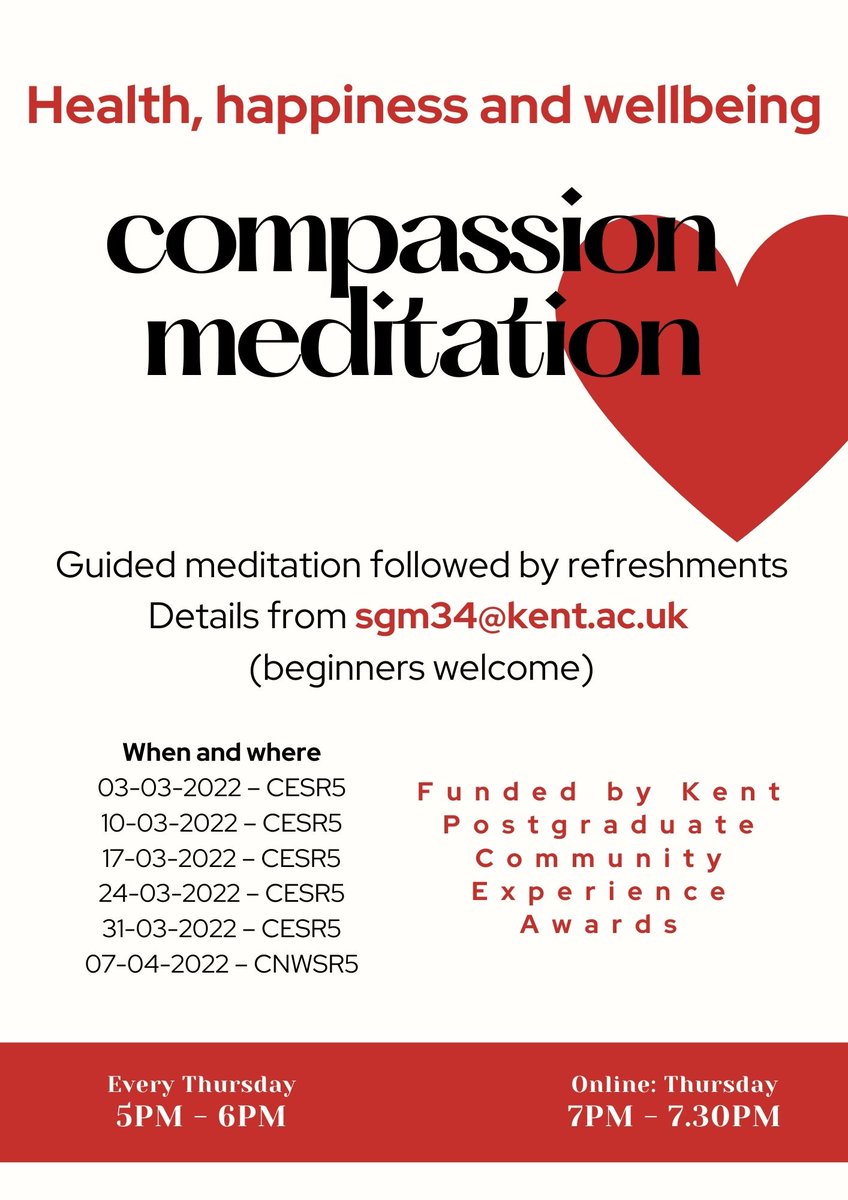 KentCompassion's tweet photo. Changes to the Kent PG Compassion Meditation Group

Compassion #meditation has long been associated with #health, #happiness and #wellbeing. May have a role in resilience to #compassion fatigue.

@UniKent
@ArtsHumsUniKent 
@SSPSSR https://t.co/L03LO0qVaJ