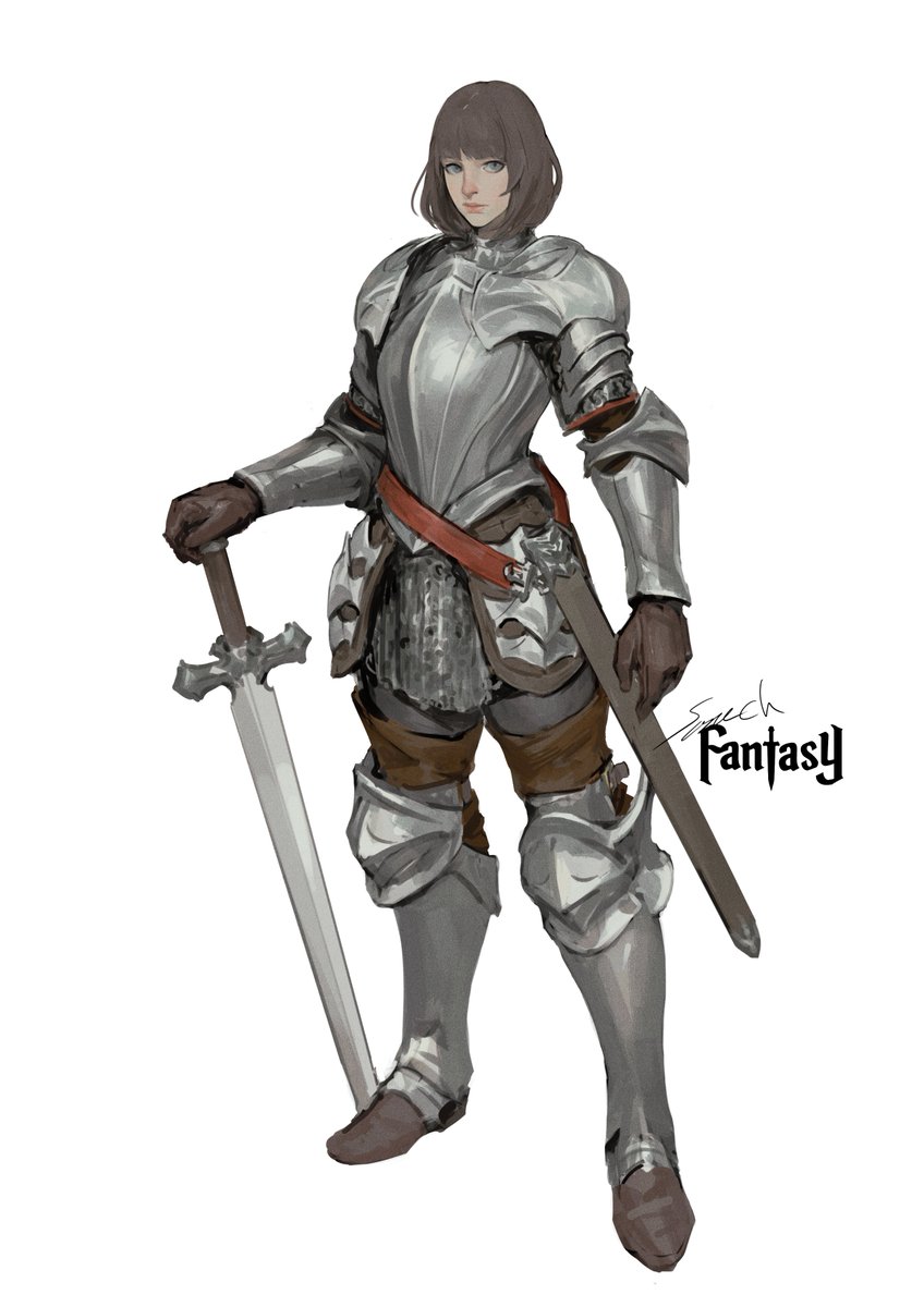 weapon armor 1girl sword solo white background brown hair  illustration images