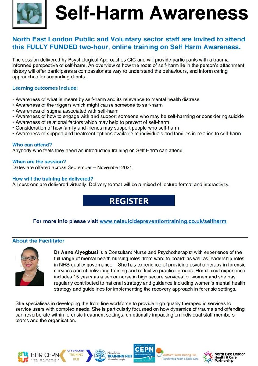 THCEPN's tweet image. Today is #SelfInjuryAwarenessDay If you are are someone who works or studies in North East London and wish to learn more about Self-Harm, you can book onto a fully funded place on a workshop sponsored by @NELHCP. Book early to avoid disappointment  bit.ly/3IxOGoZ