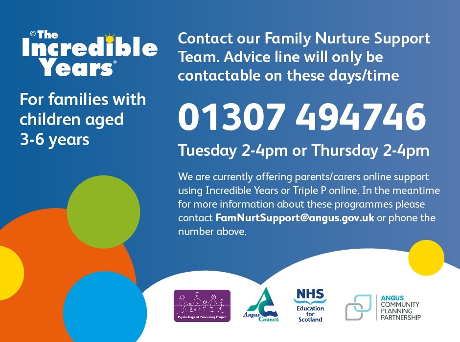 AngusCouncil's tweet photo. For information and support on our Incredible Years and Five to Thrive Programmes, you can give our Family Nurture Support Team advice line a call - 01307 494746 between 2pm-4pm on a Tuesday or Thursday.
#AngusCares https://t.co/v5UpeiNjYf