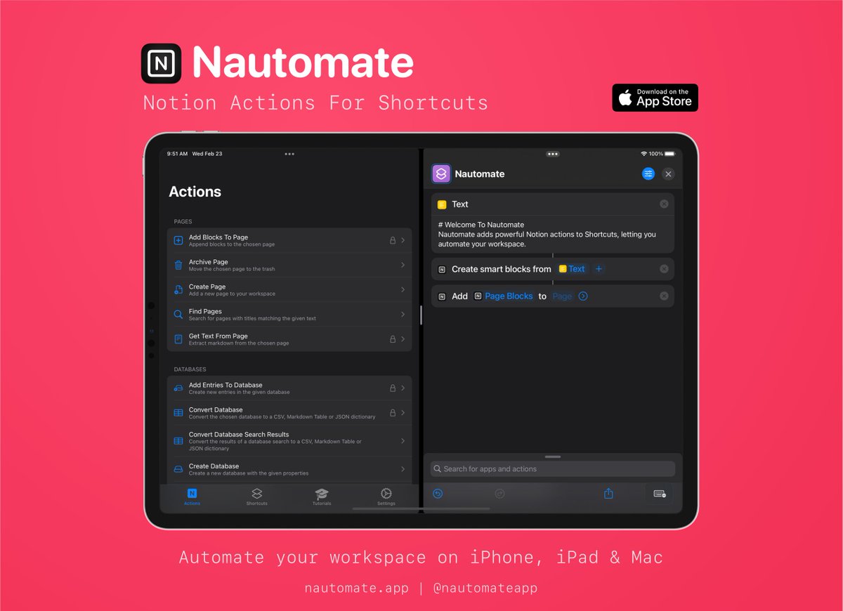NautomateApp's tweet image. Nautomate is a new app which adds powerful, native @NotionHQ actions to Shortcuts, giving you automation superpowers 🦸🏻♂️ 
Download it now for free on iOS, iPadOS & macOS:
apps.apple.com/us/app/annual/…
#notion #shortcuts #nocode