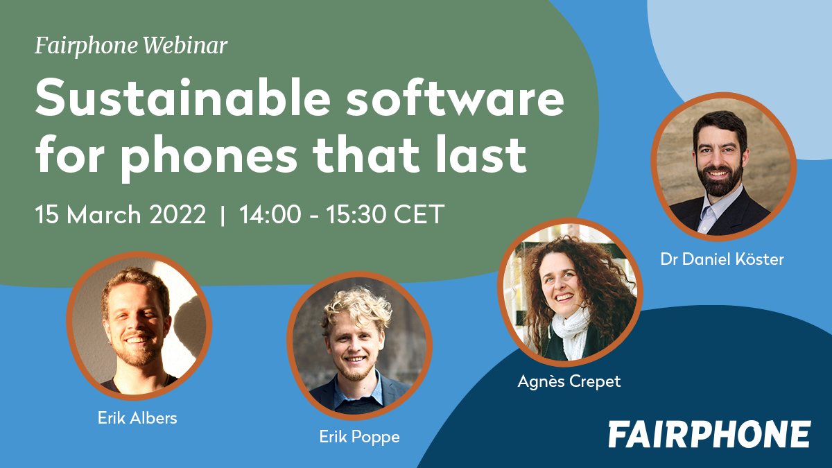 Software is a key aspect of #RightToRepair.

Join campaign member <a href="/Fairphone/">Fairphone Newsroom</a>'s event on Sustainable Software with <a href="/3albers/">Erik Albers</a>, Erik Poppe, <a href="/agnes_crepet/">Agnès Crepet</a> &amp; Dr Daniel Köster.

Tickets are free, but are limited. Reserve your spot: bit.ly/3JP9xEh