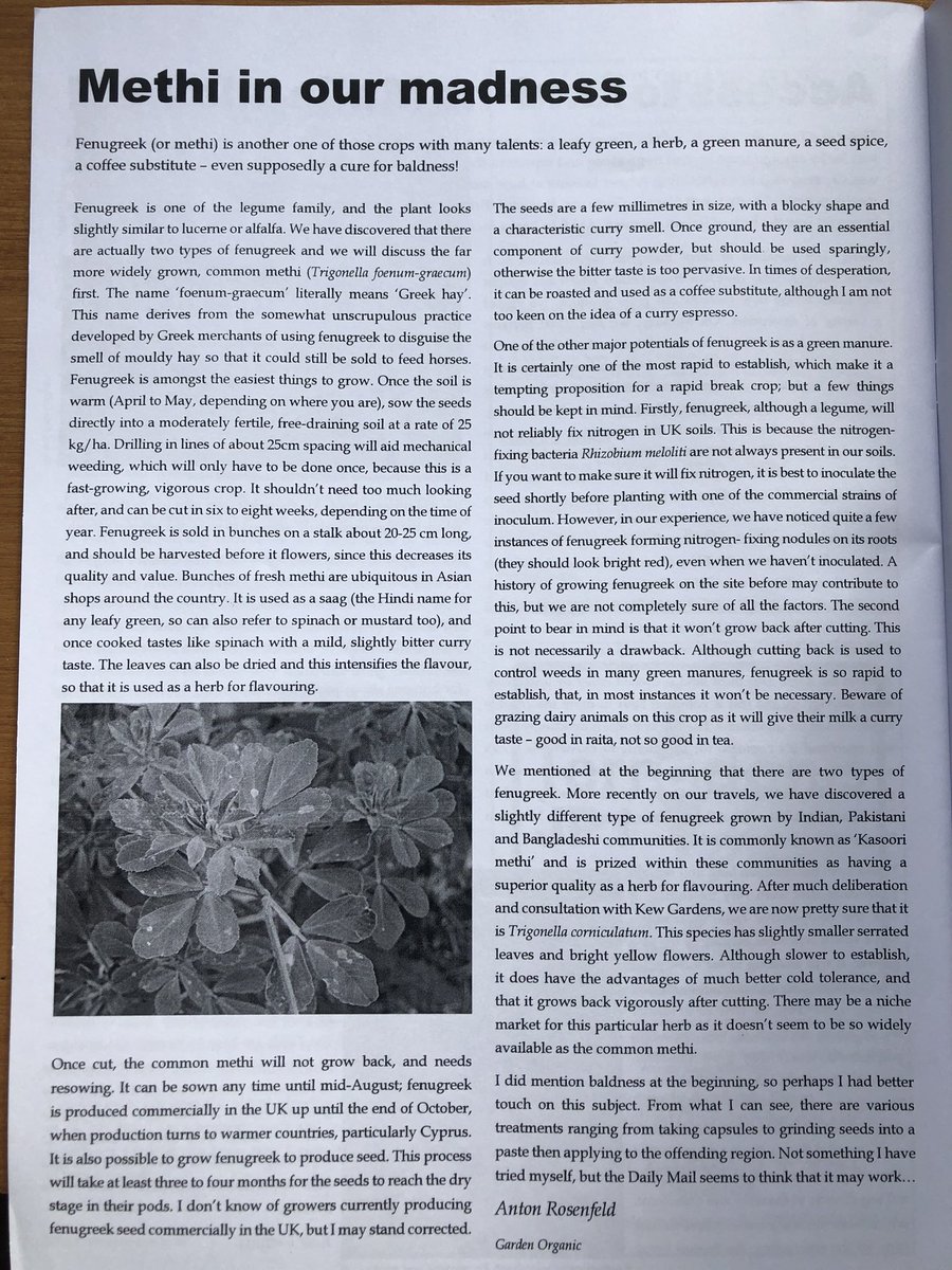 We’ve been asked if we know anyone (UK) growing organic fenugreek leaf - Kasuri Methi. DM us if you do. We ran an article on this in #OrganicGrower a while back <a href="/gardenorganicuk/">Garden Organic</a>