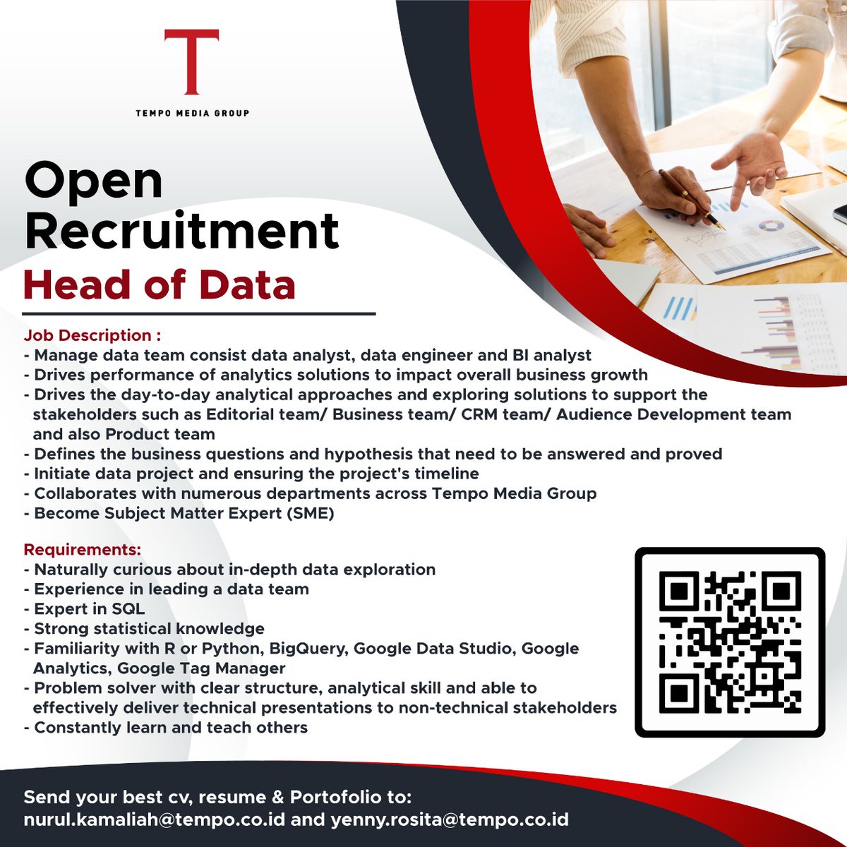 tempodotco's tweet photo. Punya kualifikasi yang sesuai?
Tunggu apa lagi? Yuk, segera kirim CV dan portofolio kamu.
#infoloker #lowongankerja #headofdata #dataanalyst #tempodotco
_
Mention teman kamu yang punya pengalaman di bidang data. 👇 https://t.co/pqzKvca7xW