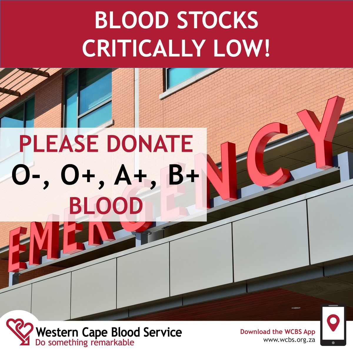 The_WCBS's tweet photo. We only have a 2-day blood supply in O blood groups and a 3-day supply of A+ and B+ groups. Find your closest blood donation clinic on the WCBS App or on our website below.
#DoSomethingRemarkable #DonateBlood #WesternCapeBloodShortage #TheWCBS
https://t.co/wsHPvTNFh8 https://t.co/epG1m1LghY