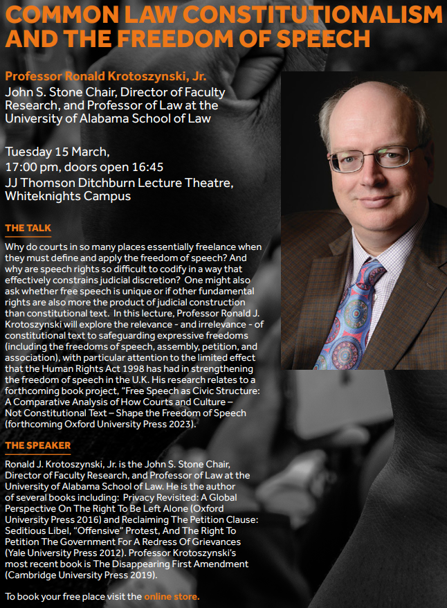 Reading Law School (@unirdg_law) on Twitter photo Professor Krotoszynski (<a href="/UofAlabama/">The University of Alabama</a>) will be giving a public lecture on 'Common Law Constitutionalism and the Freedom of Speech' @unirdg_law <a href="/UniofReading/">Uni of Reading</a> on the 15/3. To book your place please visit: store.reading.ac.uk/conferences-an… <a href="/UniRdg_Research/">Connecting Research</a> Professor Krotoszynski (<a href="/UofAlabama/">The University of Alabama</a>) will be giving a public lecture on 'Common Law Constitutionalism and the Freedom of Speech' @unirdg_law <a href="/UniofReading/">Uni of Reading</a> on the 15/3. To book your place please visit: store.reading.ac.uk/conferences-an… <a href="/UniRdg_Research/">Connecting Research</a>