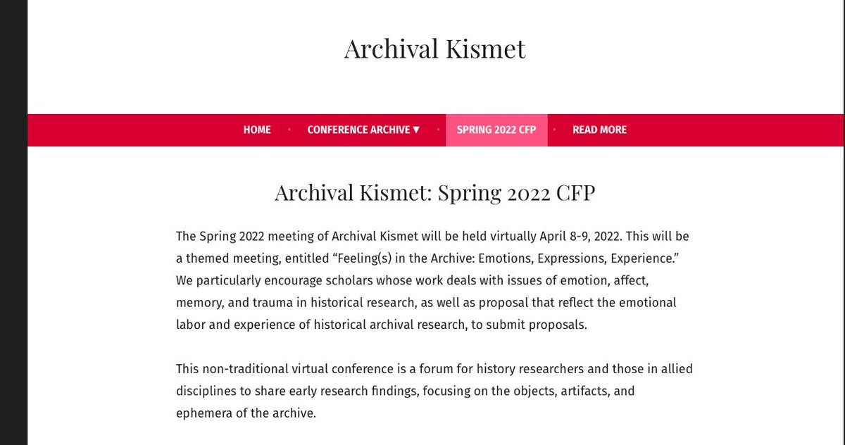 An interesting sounding virtual conference from <a href="/ArchivalKismet/">Archival Kismet</a> in April exploring '“Feeling(s) in the Archive: Emotions, Expressions, Experience.” 

archivalkismet.org/archival-kisme…