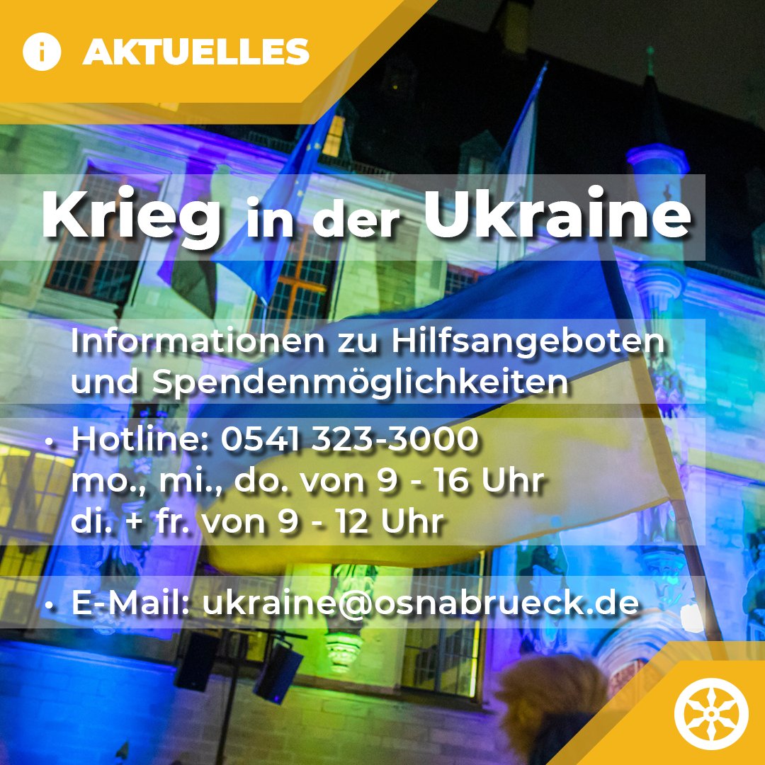 Wir haben eine Hotline und eine E-Mailadresse für Fragen rund um Spenden, Hilfsangebote und Voraussetzungen für die Aufnahme Geflüchteter aus der #Ukraine geschaltet. Wer bereit ist, eine Unterkunft zur Verfügung zu stellen, kann sich online melden. osnabrueck.de/start/leitarti…