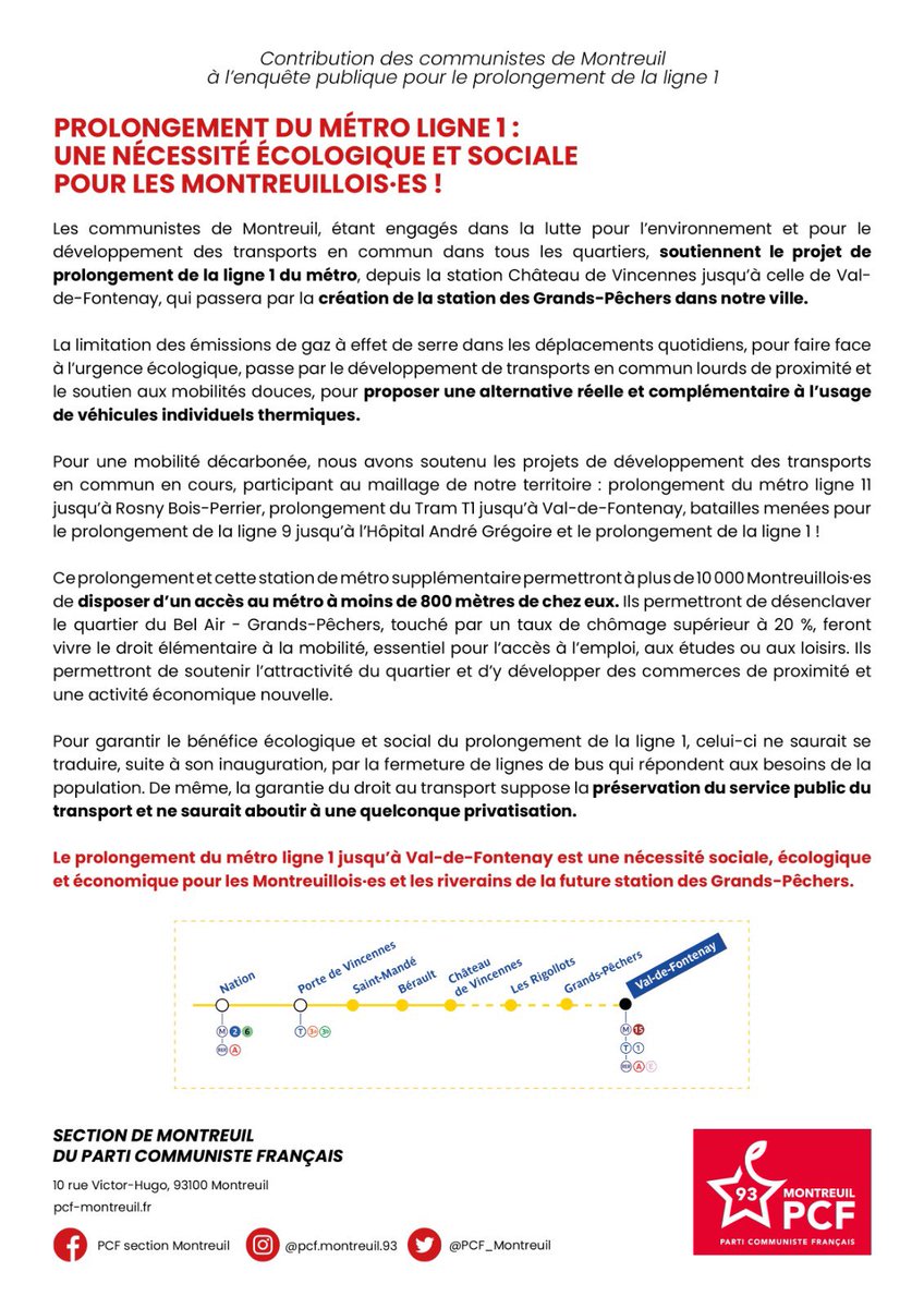PCF_Montreuil's tweet photo. L’arrivée de la ligne 1 est une nécessité pour la planète et pour les Montreuillois 🟢🔴

C’est le dernier jour avant la fin de l’enquête publique sur le prolongement de la ligne 1 n’oubliez pas d’aller donner votre avis ici : https://t.co/jLhFePRcGz !

Voici le notre ⤵️ https://t.co/71lwcaztqb