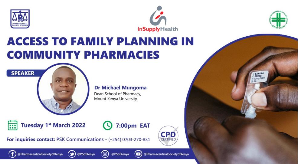 inSupplyHealth's tweet photo. Can community pharmacies help improve access and choice to quality and comprehensive family planning services? 

Join us today in collaboration with @PSofKenya for a 𝘄𝗲𝗯𝗶𝗻𝗮𝗿 on Access to Family Planning on the Community Pharmacies. 

Register here: https://t.co/39L7yrDGkD https://t.co/g9Zuwm0oD7