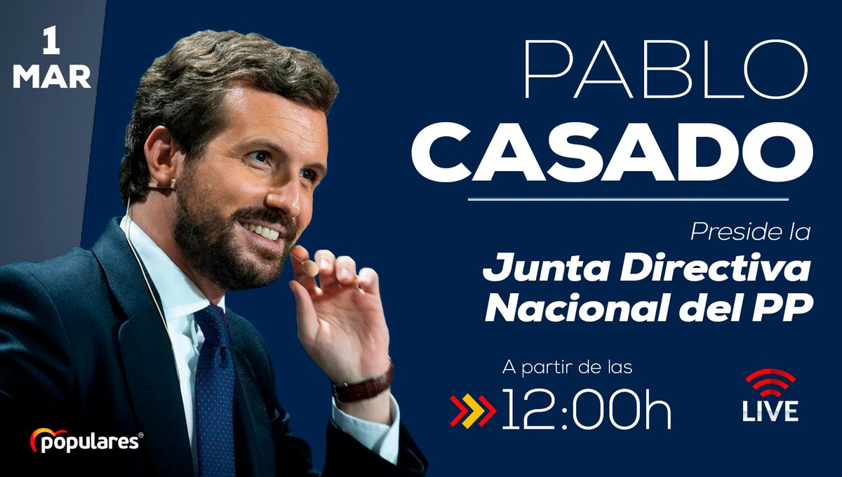 🎙️ A partir de las 12:00h, @pablocasado_ preside la Junta Directiva Nacional. 📡 Puedes seguirlo en directo a través de nuestras redes sociales y en PP.es.