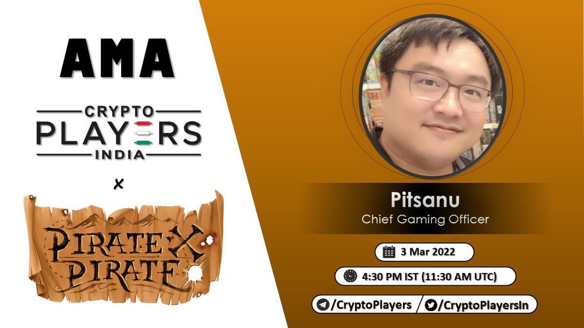 cryptoplayersin's tweet photo. 📣CryptoPlayers will host AMA with "PiratexPirate "

⏳Date: 3 Mar, 4:30 PM IST (11:30 AM UTC)
💰Rewards : $100 USDT
⚓️Venue: https://t.co/6ZOXFquhMT

Rules:
- 1 question per account with #CryptoPlayersIn hashtag
- Like, RT, Follow @PXPNFTsGame
- Tag 2 friends https://t.co/XJ6Q5DZYtR