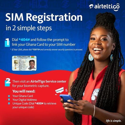 theatghana's tweet image. Happy New Month. Register your #SIM to stay connected! 

Follow these 2 simple steps to get your SIM registered with your valid #GhanaCard and your #DigitalAddress. 

#LifeIsSimple #UseAirtelTigo #GhanaMonth